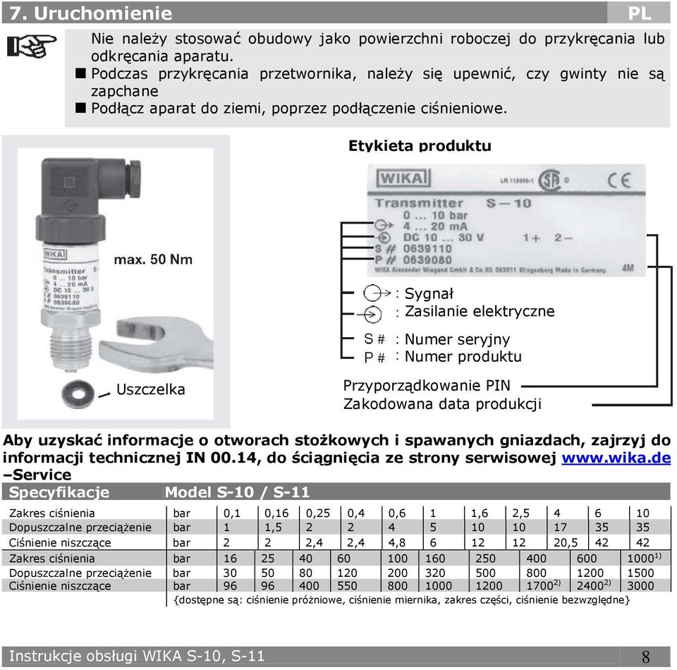 Etykieta produktu Sygnał Zasilanie elektryczne Numer seryjny Numer produktu Uszczelka Przyporządkowanie PIN Zakodowana data produkcji Aby uzyskać informacje o otworach stoŝkowych i spawanych