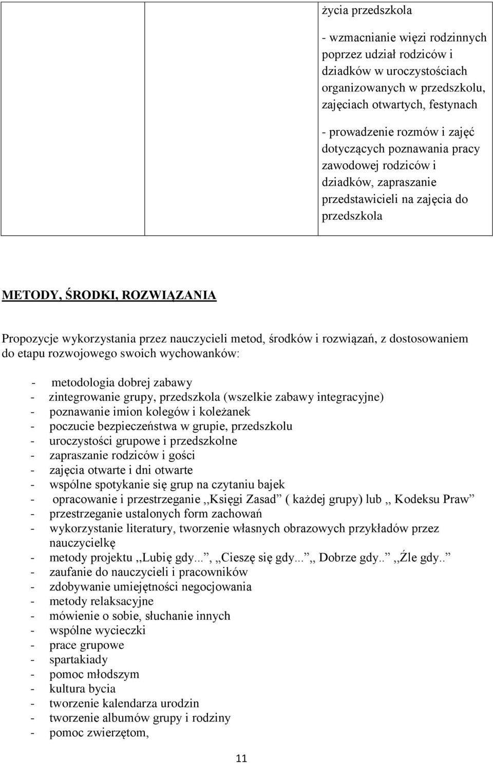 i rozwiązań, z dostosowaniem do etapu rozwojowego swoich wychowanków: - metodologia dobrej zabawy - zintegrowanie grupy, przedszkola (wszelkie zabawy integracyjne) - poznawanie imion kolegów i