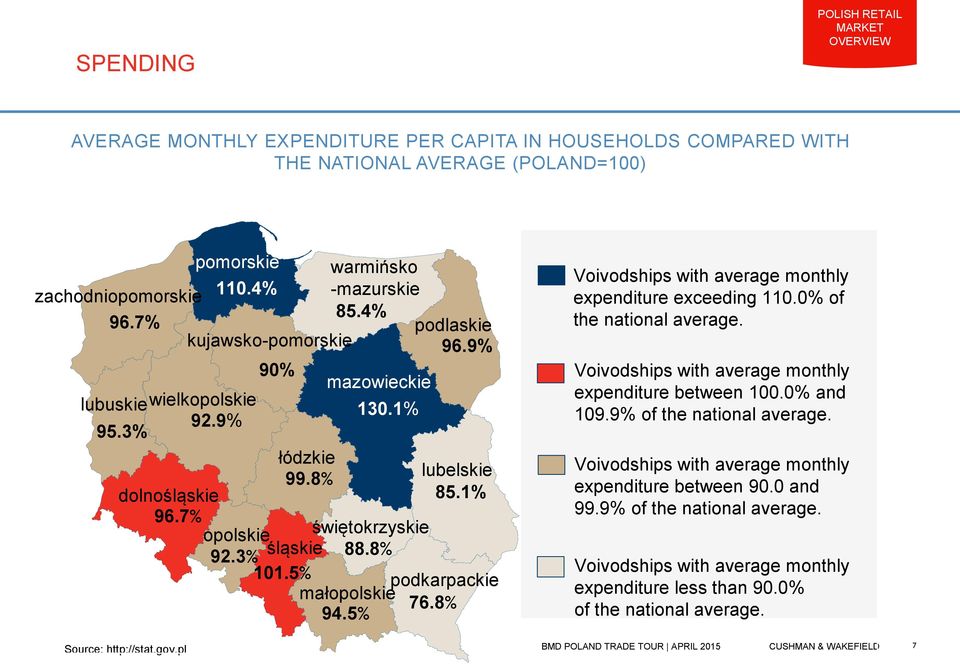 5% podkarpackie małopolskie 76.8% 94.5% Voivodships with average monthly expenditure exceeding 110.0% of the national average. Voivodships with average monthly expenditure between 100.0% and 109.