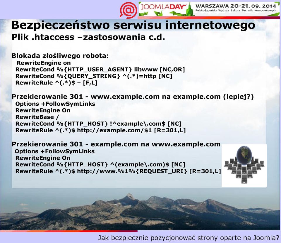 *)$ [F,L] Przekierowanie 301 - www.example.com na example.com (lepiej?) Options +FollowSymLinks RewriteEngine On RewriteBase / RewriteCond %{HTTP_HOST}!