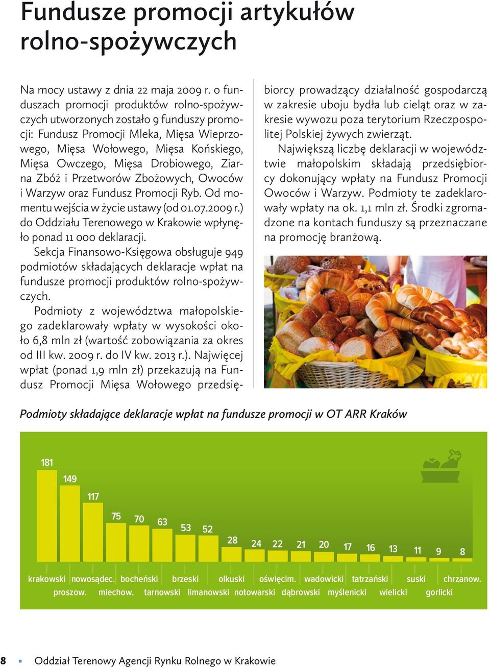 Ziarna Zbóż i Przetworów Zbożowych, Owoców i Warzyw oraz Fundusz Promocji Ryb. Od momentu wejścia w życie ustawy (od 01.07.2009 r.) do Oddziału Terenowego w Krakowie wpłynęło ponad 11 000 deklaracji.