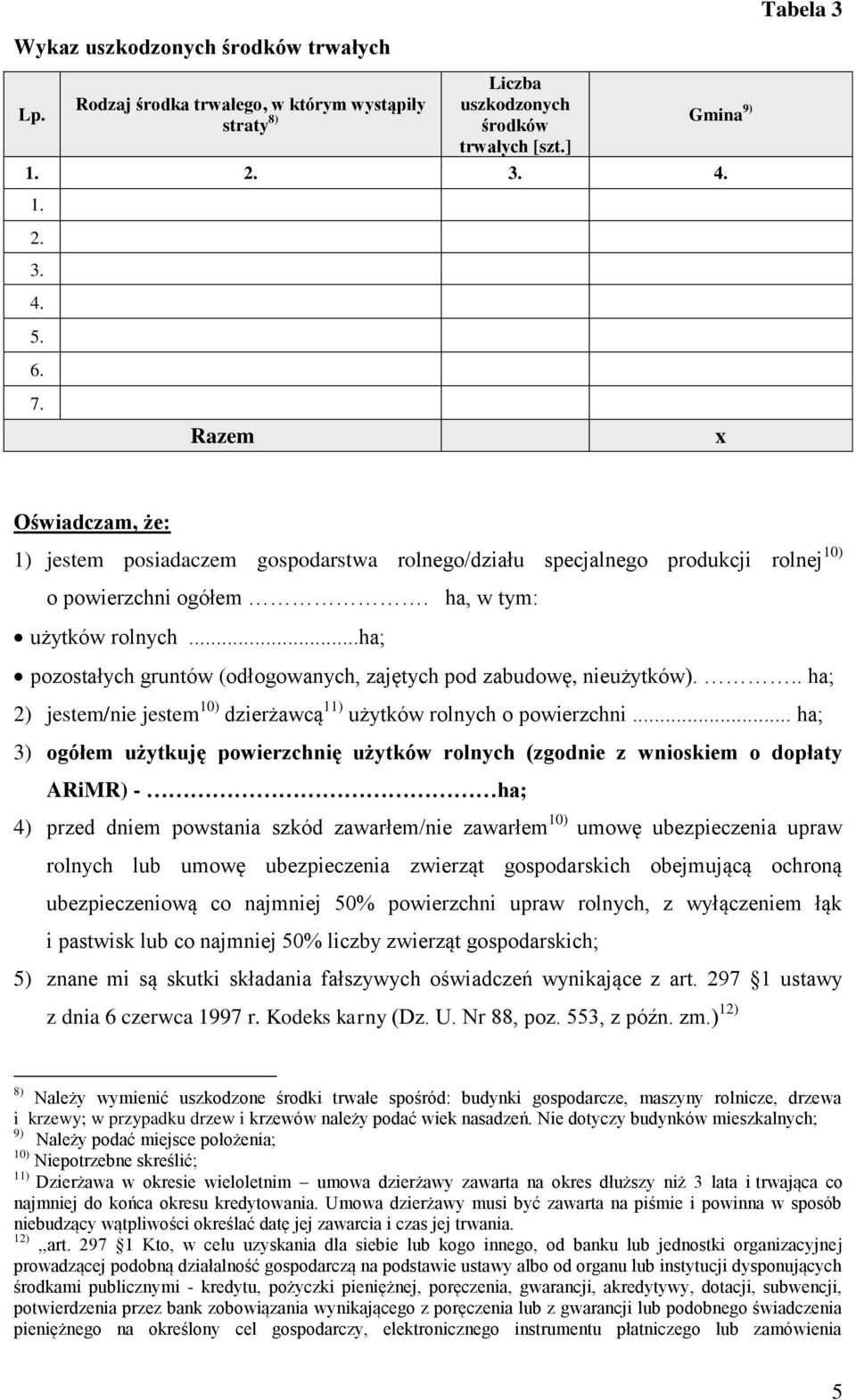 ..ha; pozostałych gruntów (odłogowanych, zajętych pod zabudowę, nieużytków)... ha; 2) jestem/nie jestem 10) dzierżawcą 11) użytków rolnych o powierzchni.