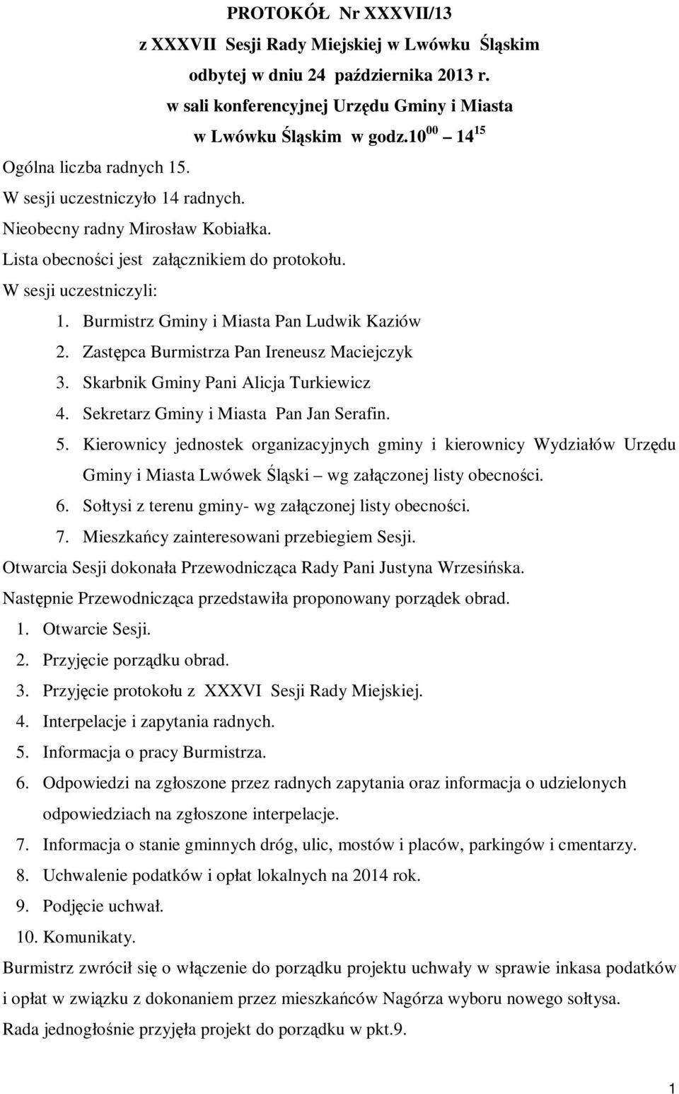 Burmistrz Gminy i Miasta Pan Ludwik Kaziów 2. Zastępca Burmistrza Pan Ireneusz Maciejczyk 3. Skarbnik Gminy Pani Alicja Turkiewicz 4. Sekretarz Gminy i Miasta Pan Jan Serafin. 5.