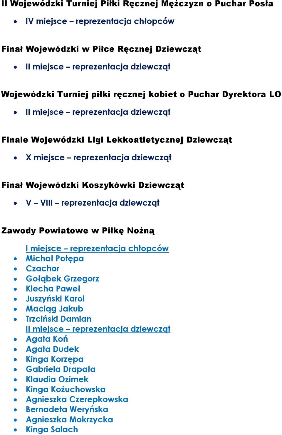 Dziewcząt V VIII reprezentacja dziewcząt Zawody Powiatowe w Piłkę Nożną I miejsce reprezentacja chłopców Michał Potępa Czachor Gołąbek Grzegorz Klecha Paweł Juszyński Karol Maciąg Jakub
