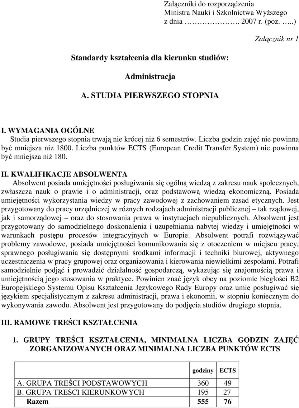 Liczba punktów ECTS (European Credit Transfer System) nie powinna by mniejsza ni 180. II.