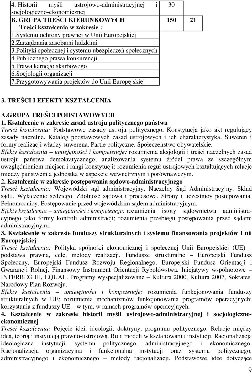 Przygotowywania projektów do Unii Europejskiej 30 150 21 3. TRECI I EFEKTY KSZTAŁCENIA A.GRUPA TRECI PODSTAWOWYCH 1.
