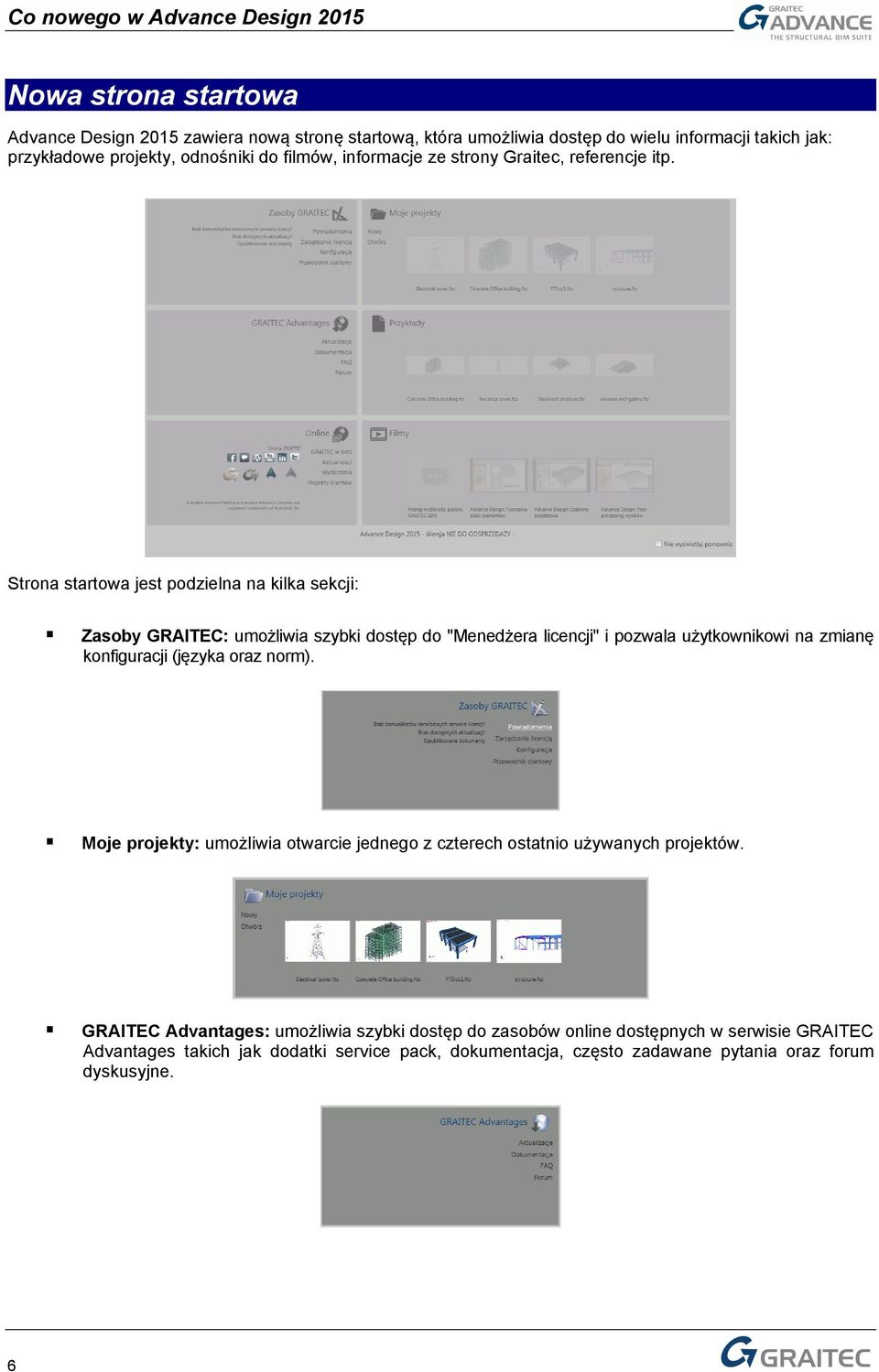 Strona startowa jest podzielna na kilka sekcji: Zasoby GRAITEC: umożliwia szybki dostęp do "Menedżera licencji" i pozwala użytkownikowi na zmianę konfiguracji (języka