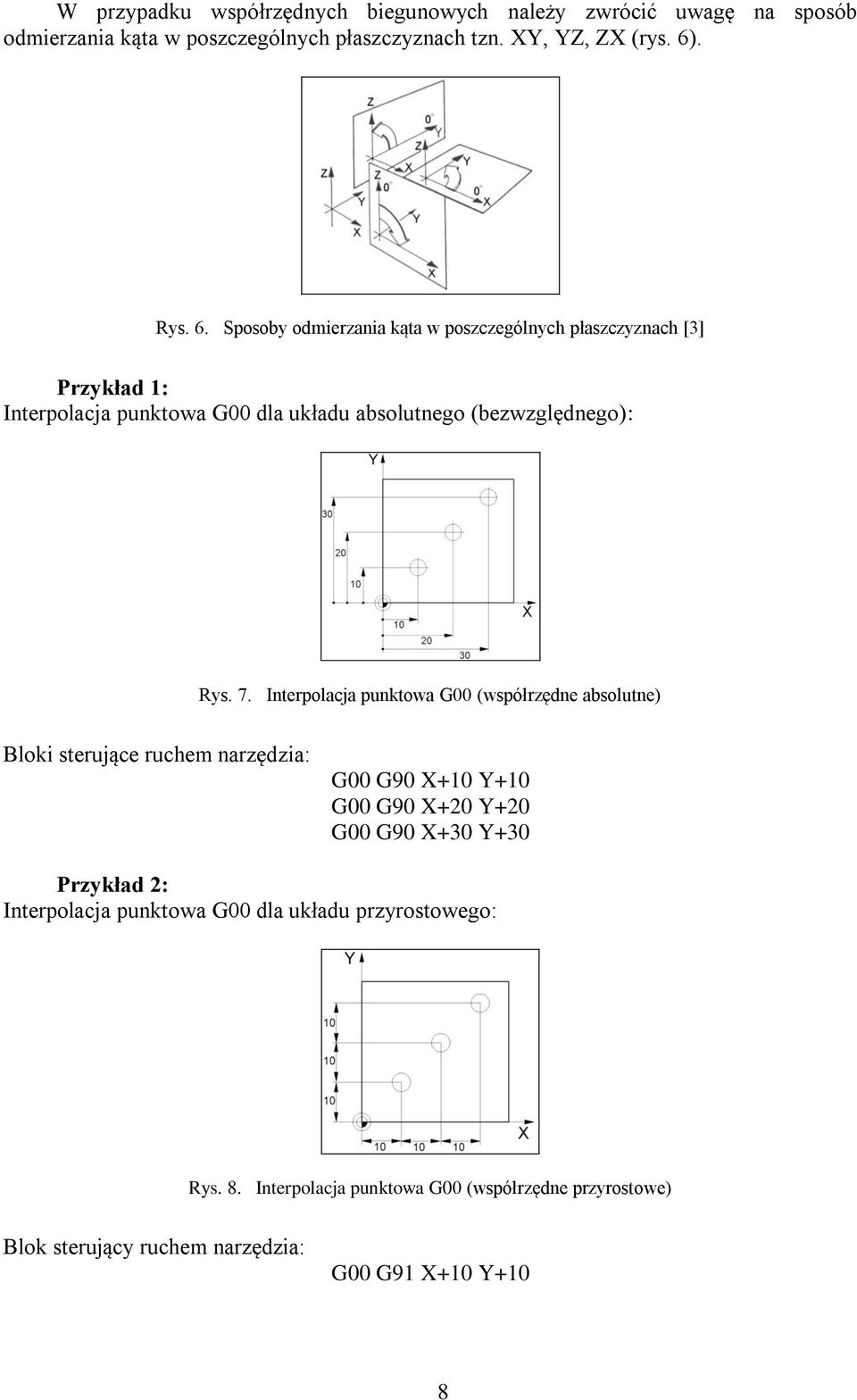 7. Interpolacja punktowa G00 (współrzędne absolutne) Bloki sterujące ruchem narzędzia: G00 G90 X+10 Y+10 G00 G90 X+20 Y+20 G00 G90 X+30 Y+30 Przykład 2: