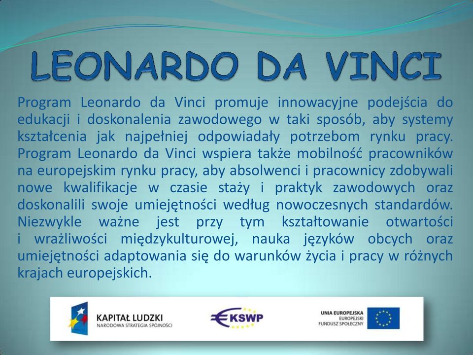 Program Leonardo da Vinci wspiera także mobilność pracowników na europejskim rynku pracy, aby absolwenci i pracownicy zdobywali nowe kwalifikacje w czasie