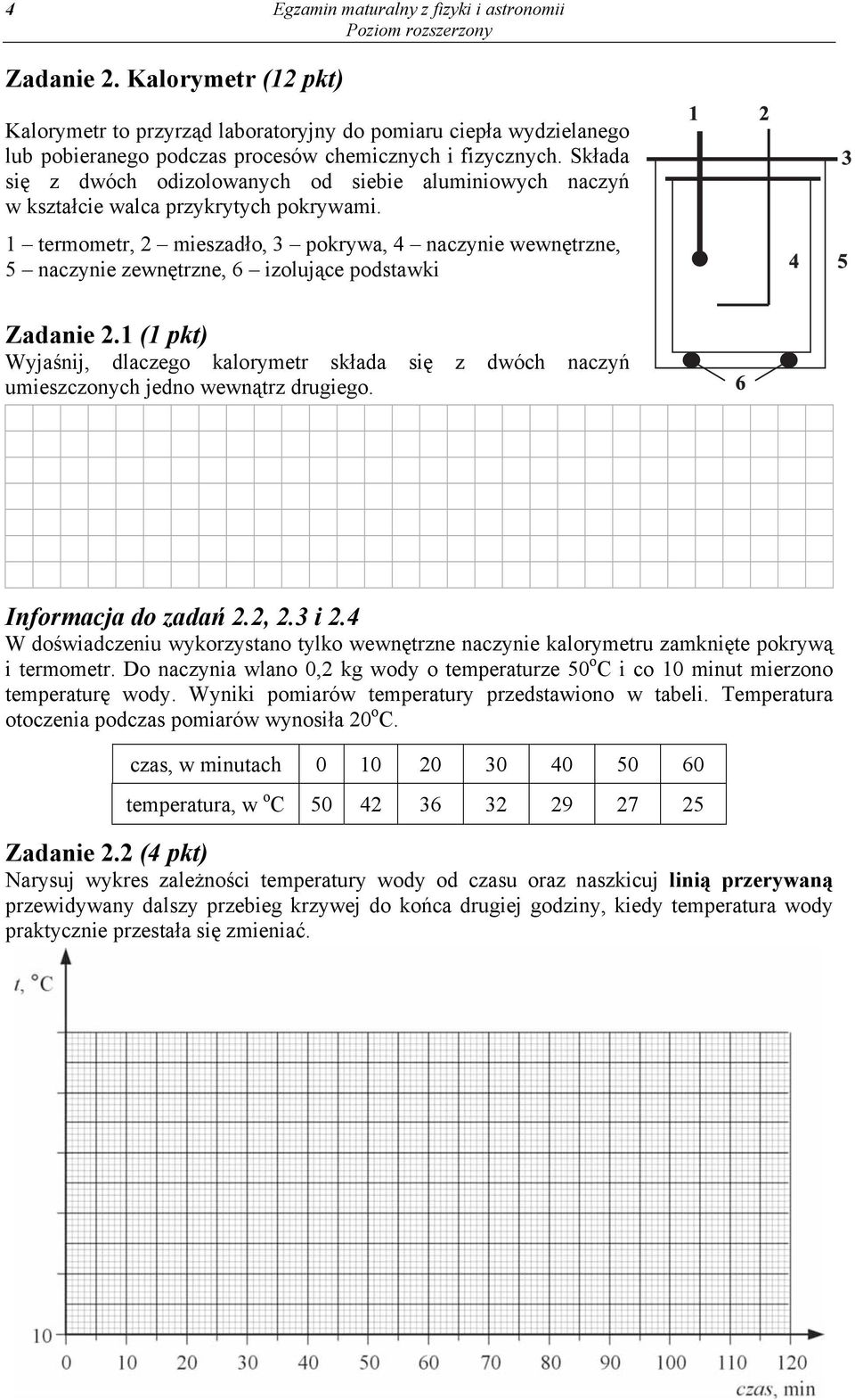 1 termometr, 2 mieszadło, 3 pokrywa, 4 naczynie wewnętrzne, 5 naczynie zewnętrzne, 6 izolujące podstawki 1 2 4 3 5 Zadanie 2.