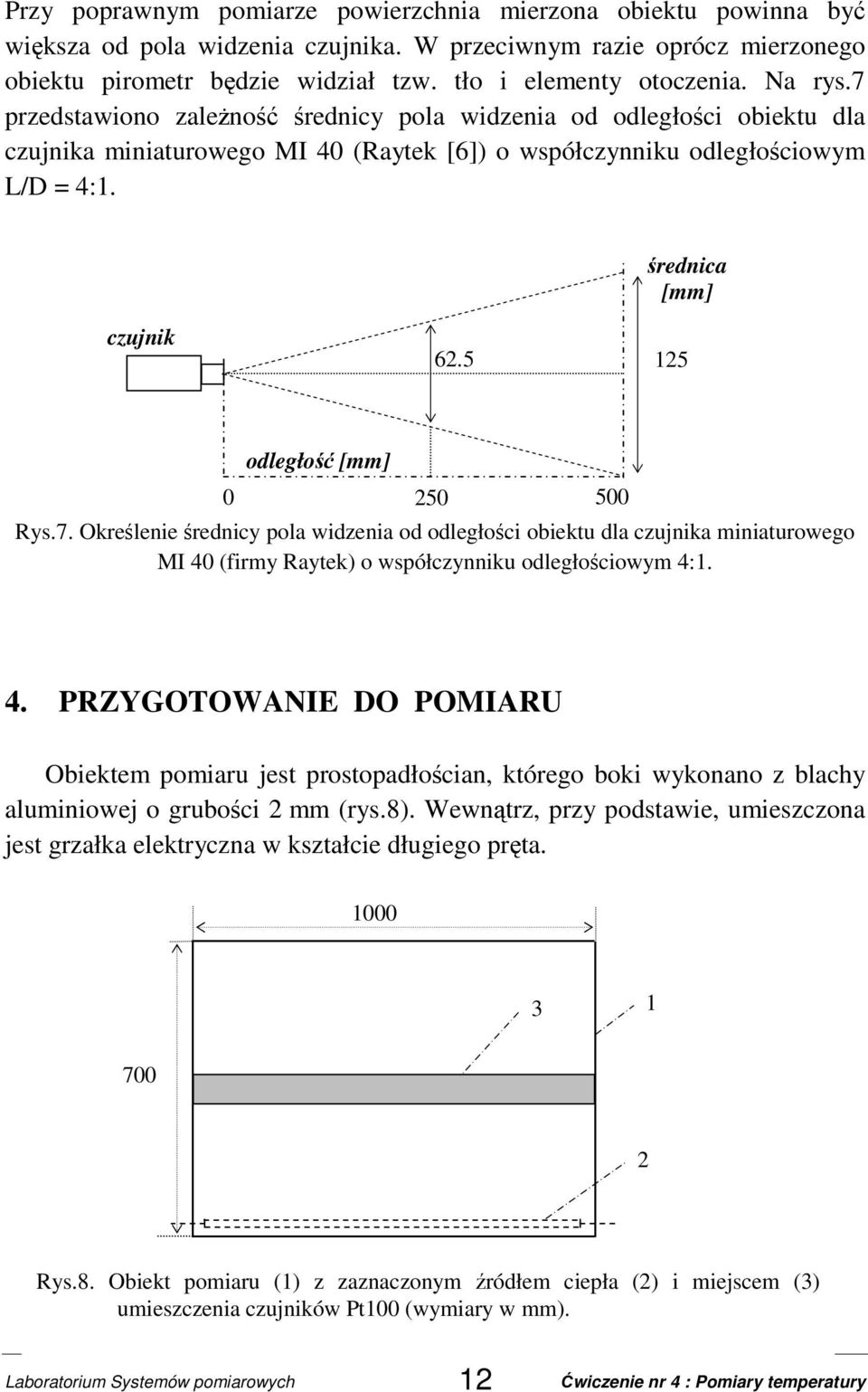 5 125 odległość [mm] 0 250 500 Rys.7. Określenie średnicy pola widzenia od odległości obiektu dla czujnika miniaturowego MI 40