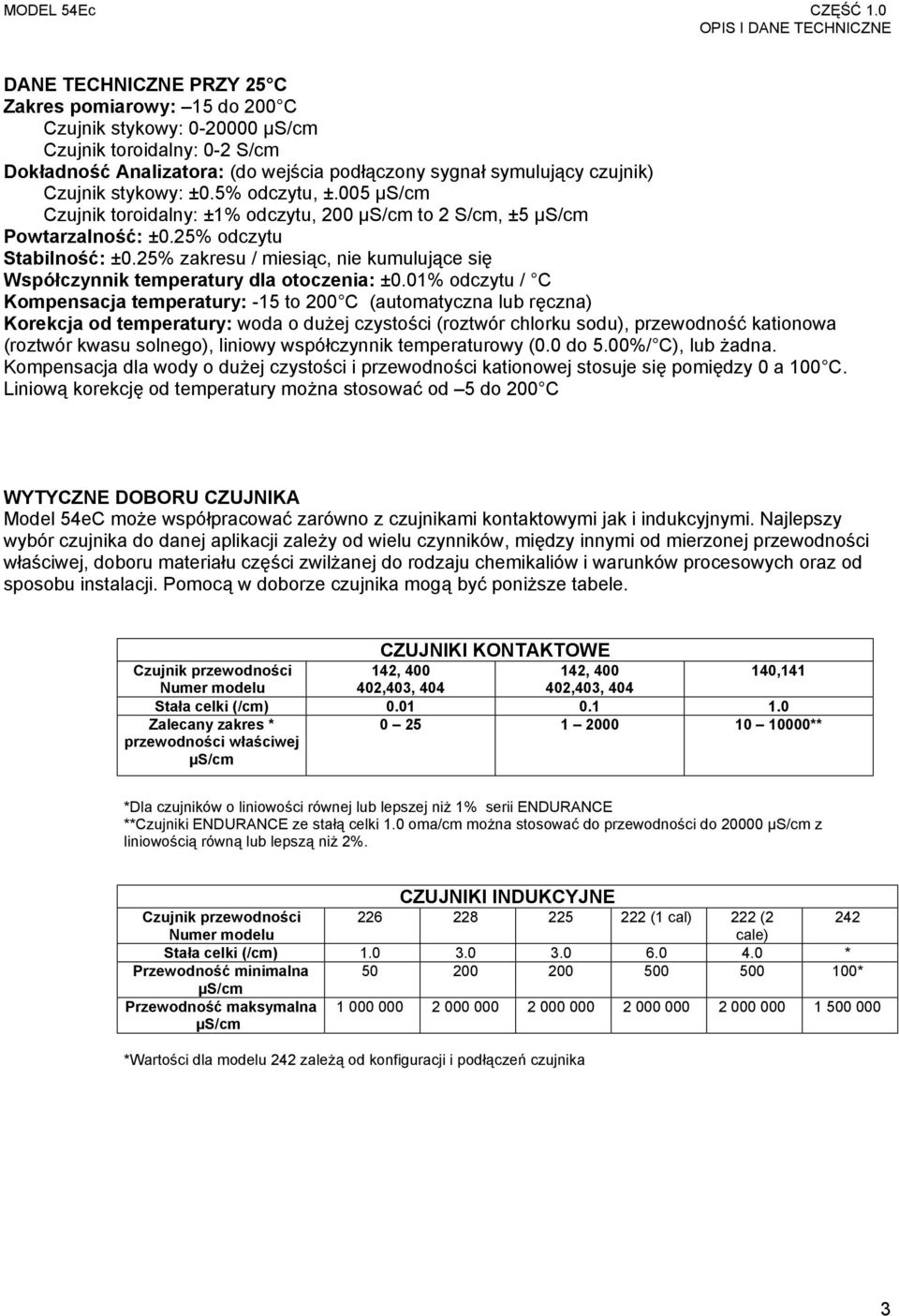 symulujący czujnik) Czujnik stykowy: ±0.5% odczytu, ±.005 µs/cm Czujnik toroidalny: ±1% odczytu, 200 µs/cm to 2 S/cm, ±5 µs/cm Powtarzalność: ±0.25% odczytu Stabilność: ±0.