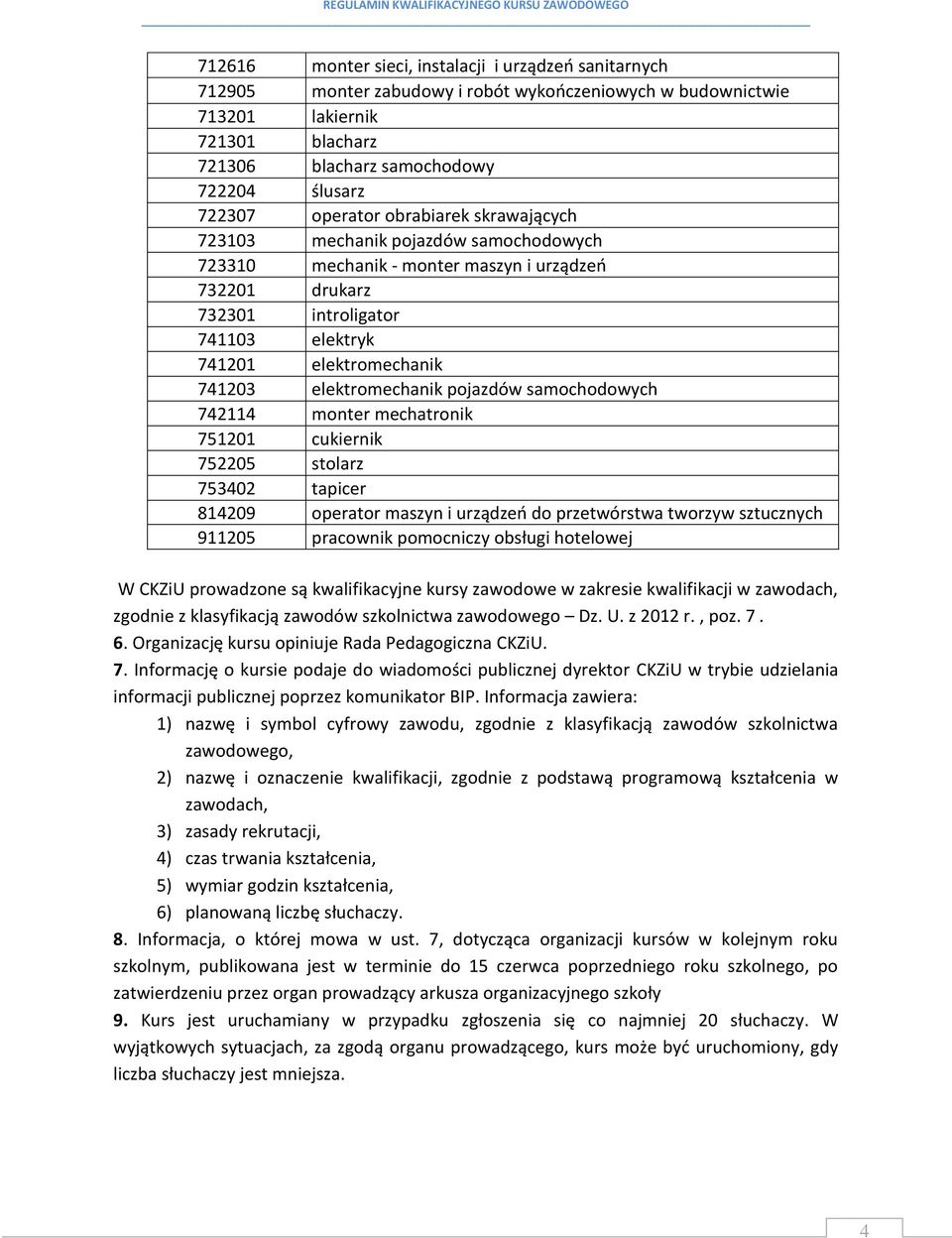 elektromechanik pojazdów samochodowych 742114 monter mechatronik 751201 cukiernik 752205 stolarz 753402 tapicer 814209 operator maszyn i urządzeń do przetwórstwa tworzyw sztucznych 911205 pracownik