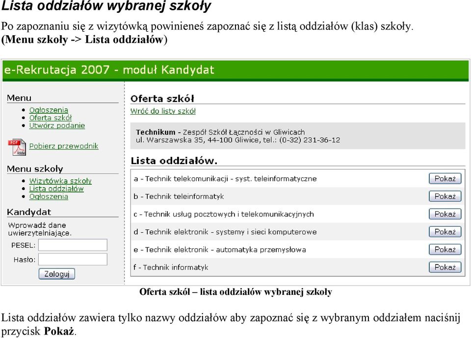 (Menu szkoły -> Lista oddziałów) Oferta szkół lista oddziałów wybranej