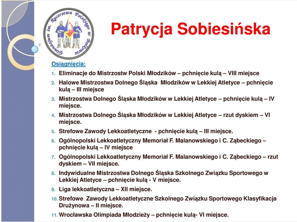 Strefowe Zawody Lekkoatletyczne - pchnięcie kulą III 6. Ogólnopolski Lekkoatletyczny Memoriał F. Malanowskiego i C. Ząbeckiego pchnięcie kulą IV miejsce 7. Ogólnopolski Lekkoatletyczny Memoriał F. Malanowskiego i C. Ząbeckiego rzut dyskiem VII 8.