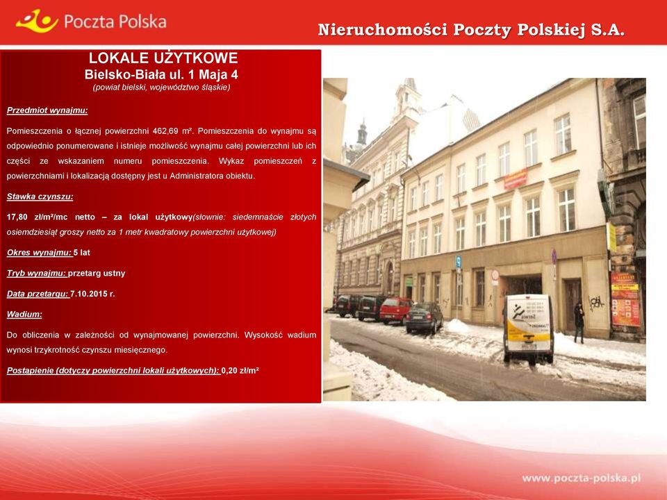 Wykaz pomieszczeń z powierzchniami i lokalizacją dostępny jest u Administratora obiektu.