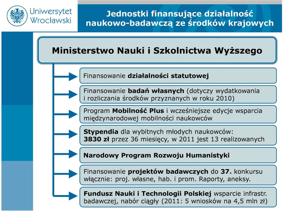 Stypendia dla wybitnych młodych naukowców: 3830 zł przez 36 miesięcy, w 2011 jest 13 realizowanych Narodowy Program Rozwoju Humanistyki Finansowanie projektów badawczych do