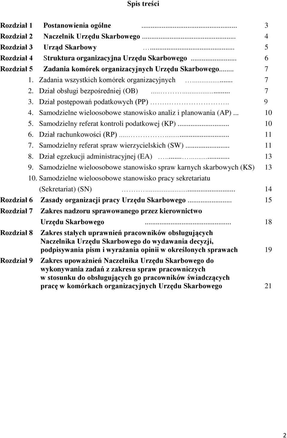 Dział postępowań podatkowych (PP)... 9 4. Samodzielne wieloosobowe stanowisko analiz i planowania (AP)... 10 5. Samodzielny referat kontroli podatkowej (KP)... 10 6. Dział rachunkowości (RP)...... 11 7.