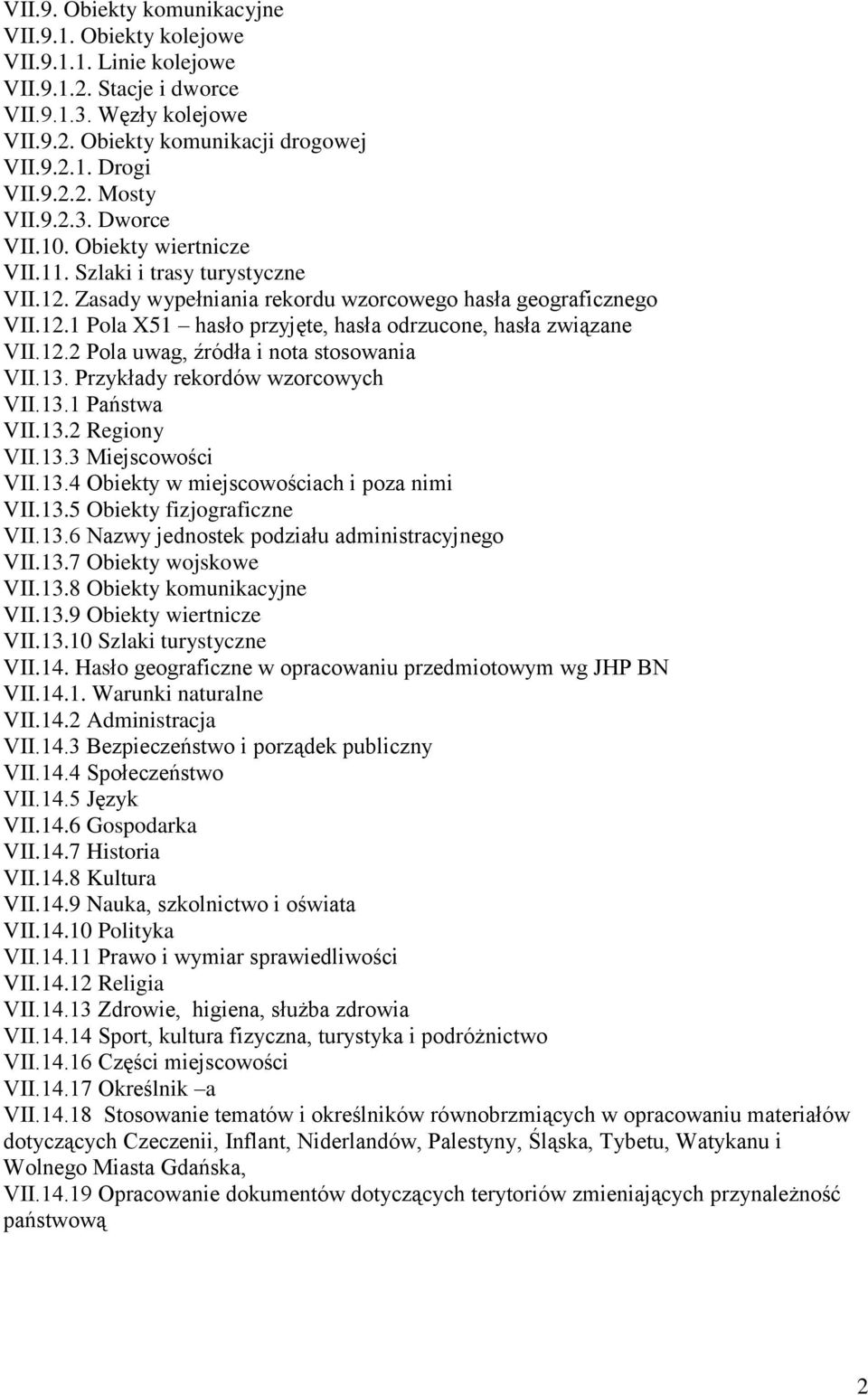 12.2 Pola uwag, źródła i nota stosowania VII.13. Przykłady rekordów wzorcowych VII.13.1 Państwa VII.13.2 Regiony VII.13.3 Miejscowości VII.13.4 Obiekty w miejscowościach i poza nimi VII.13.5 Obiekty fizjograficzne VII.