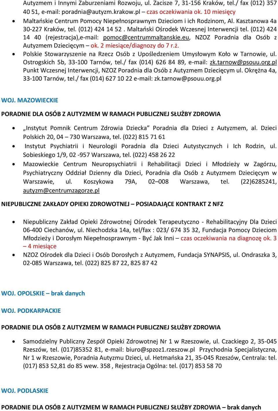 (012) 424 14 40 (rejestracja),e-mail: pomoc@centrummaltanskie.eu, NZOZ Poradnia dla Osób z Autyzmem Dziecięcym ok. 2 miesiące/diagnozy do 7 r.ż.