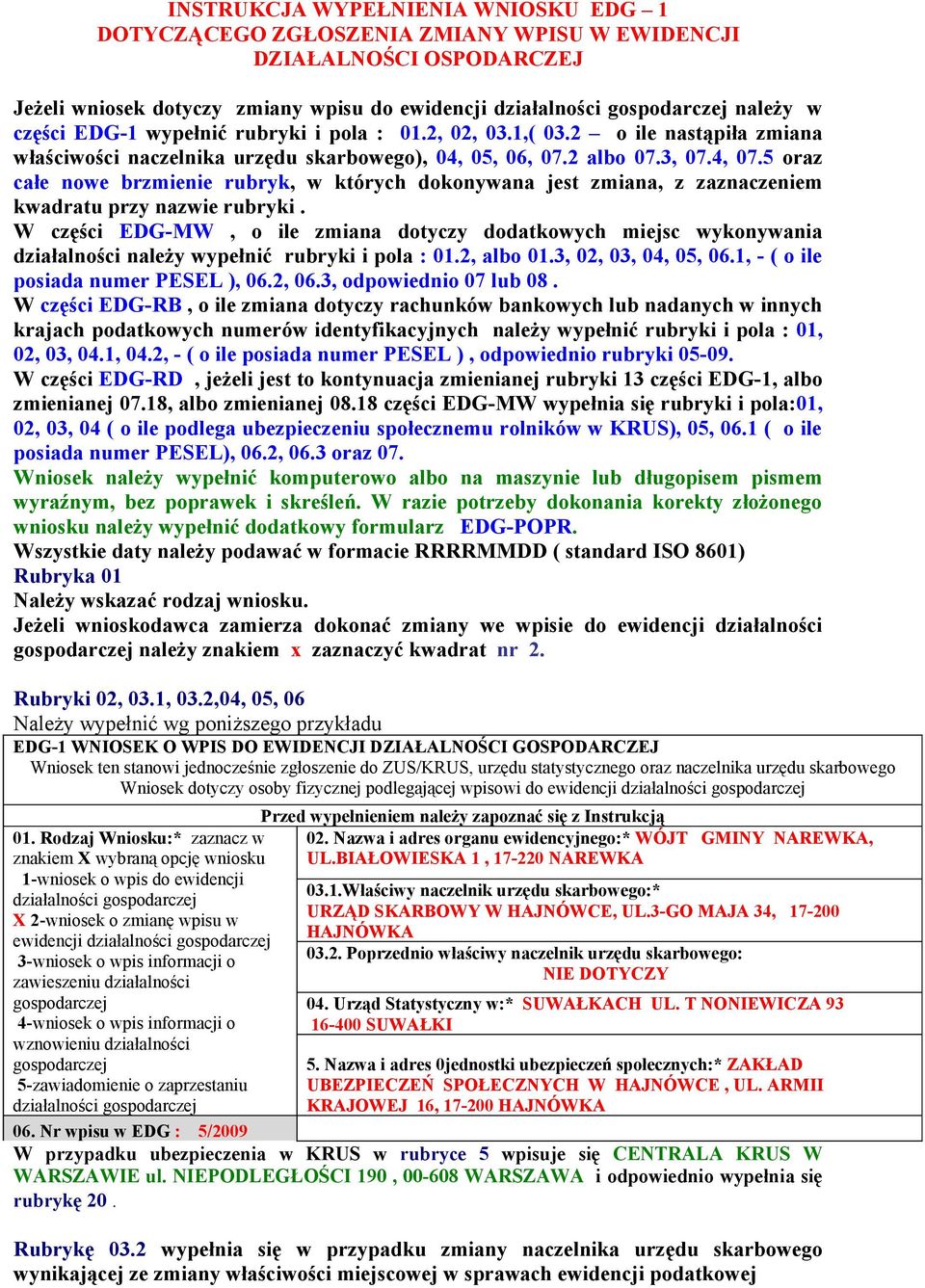 5 oraz całe nowe brzmienie rubryk, w których dokonywana jest zmiana, z zaznaczeniem kwadratu przy nazwie rubryki.