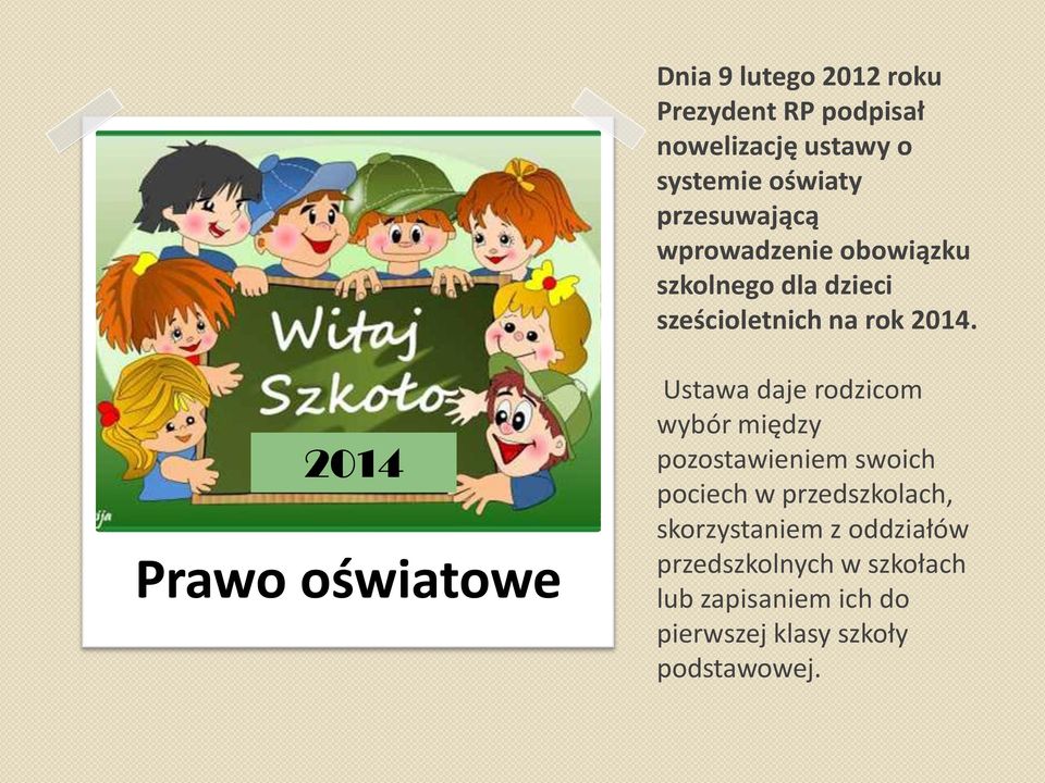 2014 Prawo oświatowe Ustawa daje rodzicom wybór między pozostawieniem swoich pociech w