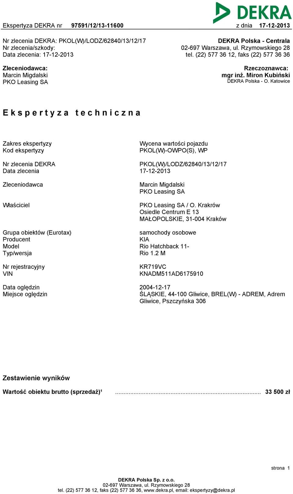 Katowice Ekspertyza techniczna Zakres ekspertyzy Kod ekspertyzy Wycena wartości pojazdu PKOL(W)-OWPO(S), WP Nr zlecenia DEKRA Data zlecenia PKOL(W)/LODZ/62840/13/12/17 Zleceniodawca Marcin Migdalski
