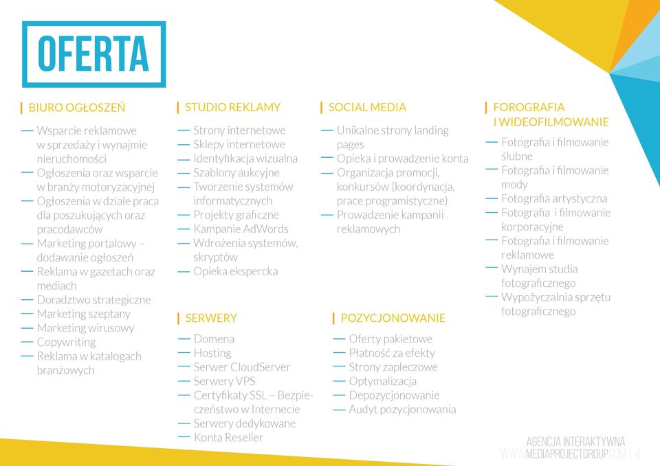 Sklepy internetowe Identyfikacja wizualna Szablony aukcyjne Tworzenie systemów informatycznych Projekty graficzne Kampanie AdWords Wdrożenia systemów, skryptów Opieka ekspercka SERWERY Domena Hosting
