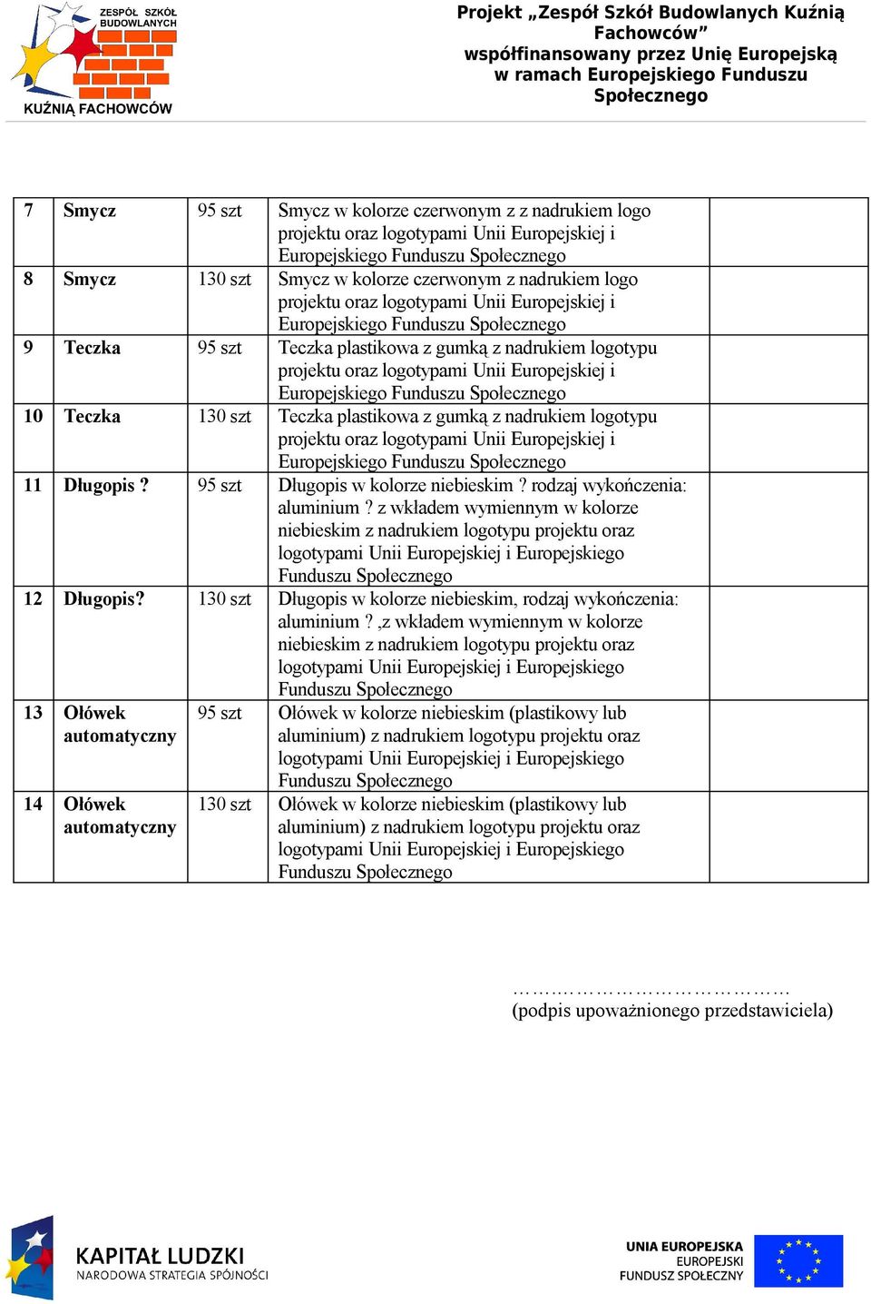 rodzaj wykończenia: aluminium? z wkładem wymiennym w kolorze niebieskim z nadrukiem logotypu projektu oraz Funduszu 12 Długopis? 130 szt Długopis w kolorze niebieskim, rodzaj wykończenia: aluminium?