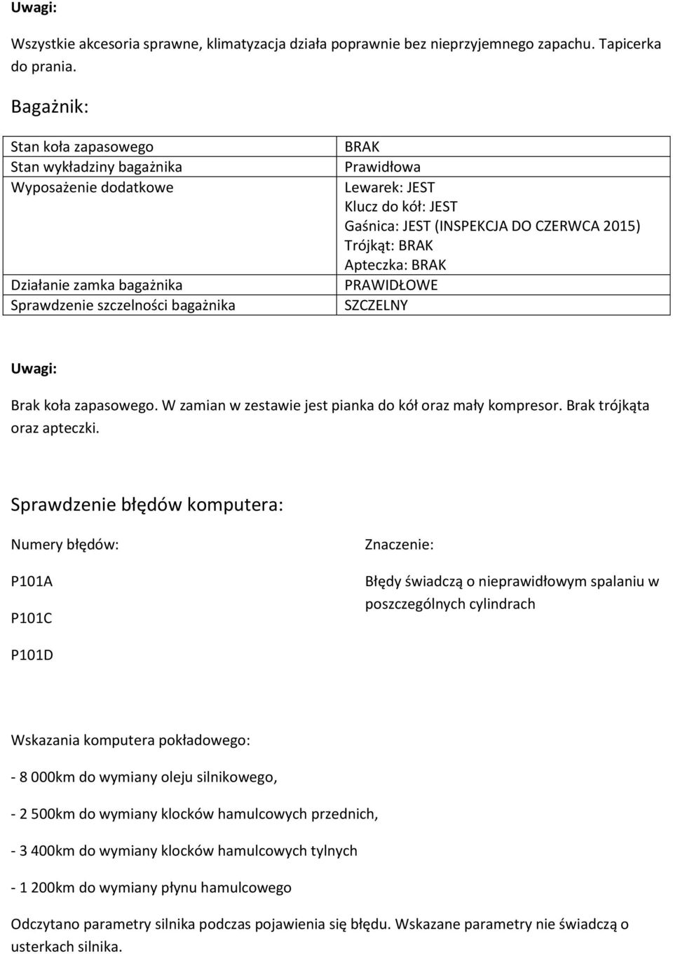 JEST (INSPEKCJA DO CZERWCA 2015) Trójkąt: BRAK Apteczka: BRAK PRAWIDŁOWE SZCZELNY Brak koła zapasowego. W zamian w zestawie jest pianka do kół oraz mały kompresor. Brak trójkąta oraz apteczki.