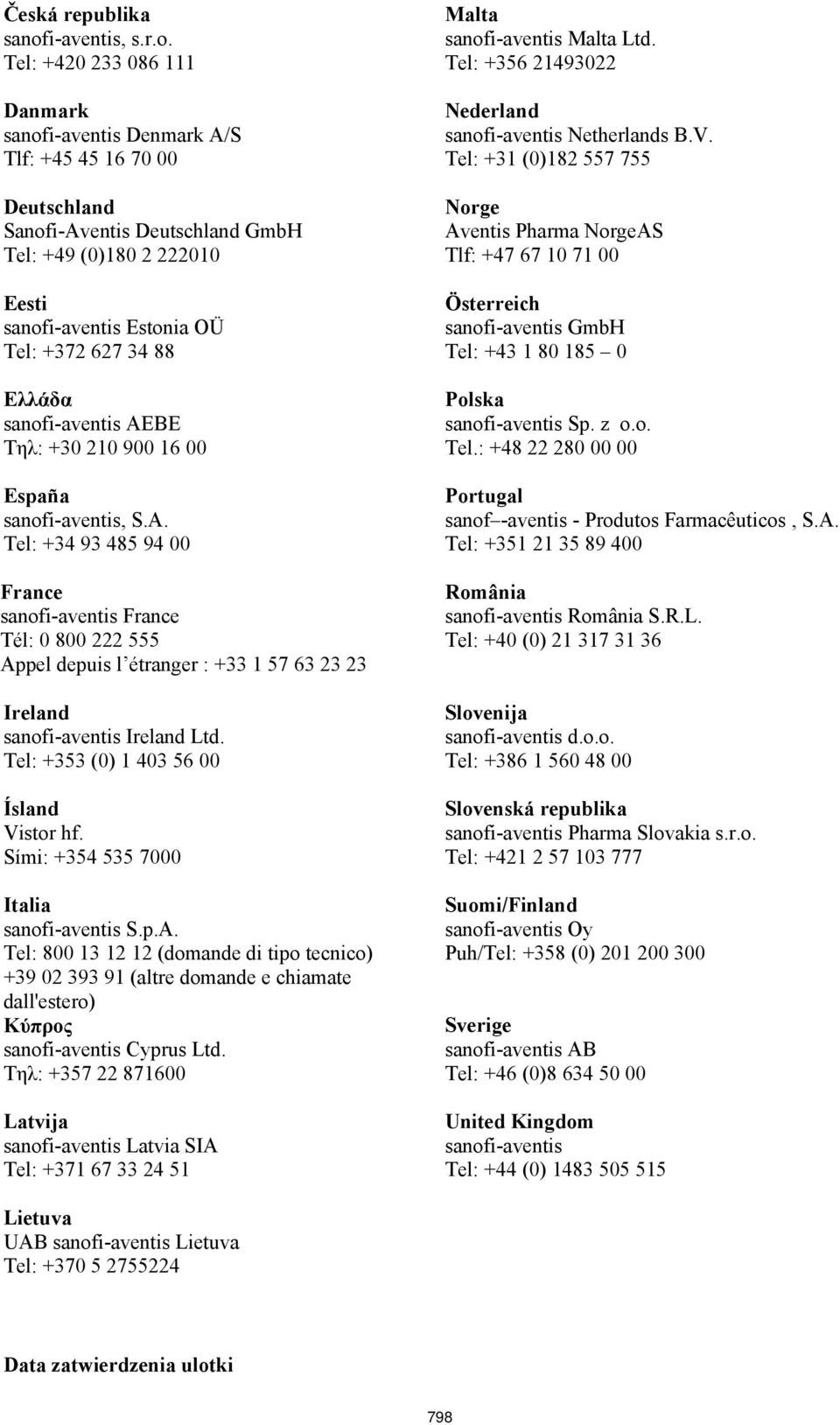 Tel: +420 233 086 111 Danmark sanofi-aventis Denmark A/S Tlf: +45 45 16 70 00 Deutschland Sanofi-Aventis Deutschland GmbH Tel: +49 (0)180 2 222010 Eesti sanofi-aventis Estonia OÜ Tel: +372 627 34 88