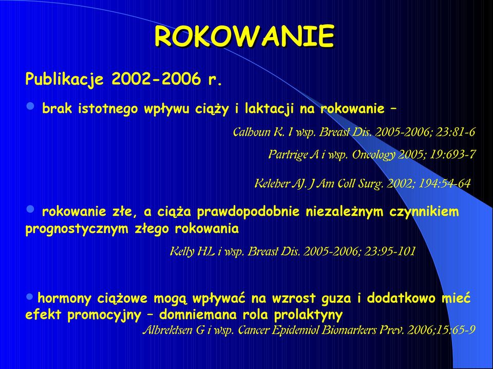 2002; 194:54-64 rokowanie złe, a ciąża prawdopodobnie niezależnym czynnikiem prognostycznym złego rokowania Kelly HL i wsp.