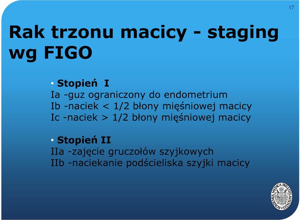 macicy Ic -naciek > 1/2 błony mięśniowej macicy Stopień II IIa