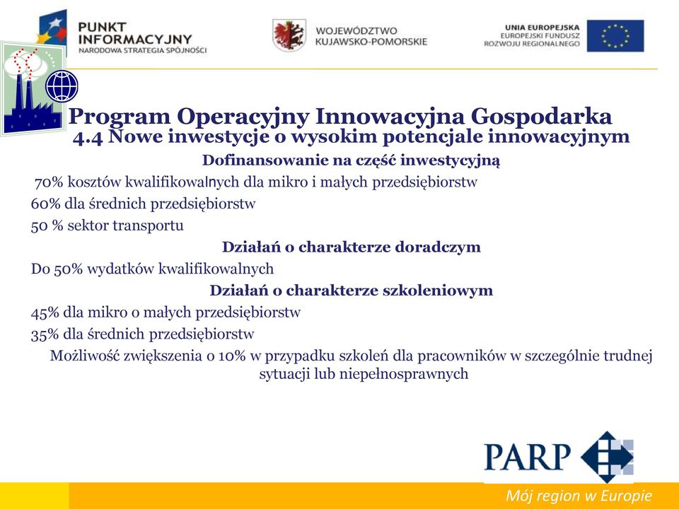 małych przedsiębiorstw 60% dla średnich przedsiębiorstw 50 % sektor transportu Do 50% wydatków kwalifikowalnych 45% dla mikro o małych