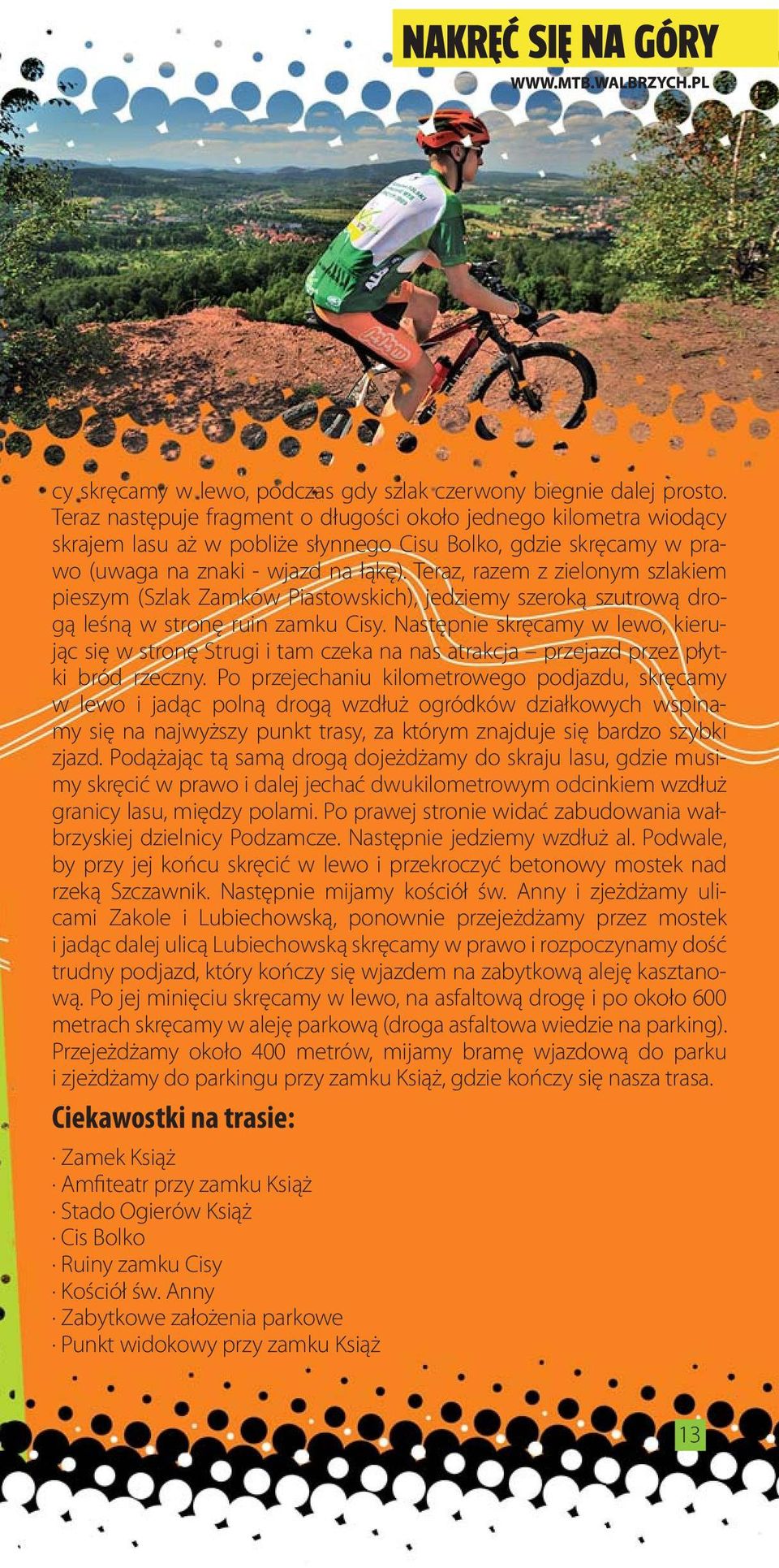 Teraz, razem z zielonym szlakiem pieszym (Szlak Zamków Piastowskich), jedziemy szeroką szutrową drogą leśną w stronę ruin zamku Cisy.