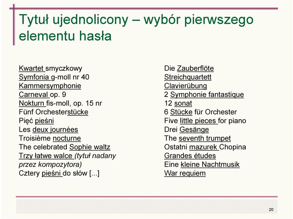 15 nr Fünf Orchesterstücke Pięć pieśni Les deux journées Troisième nocturne The celebrated Sophie waltz Trzy łatwe walce (tytuł nadany przez