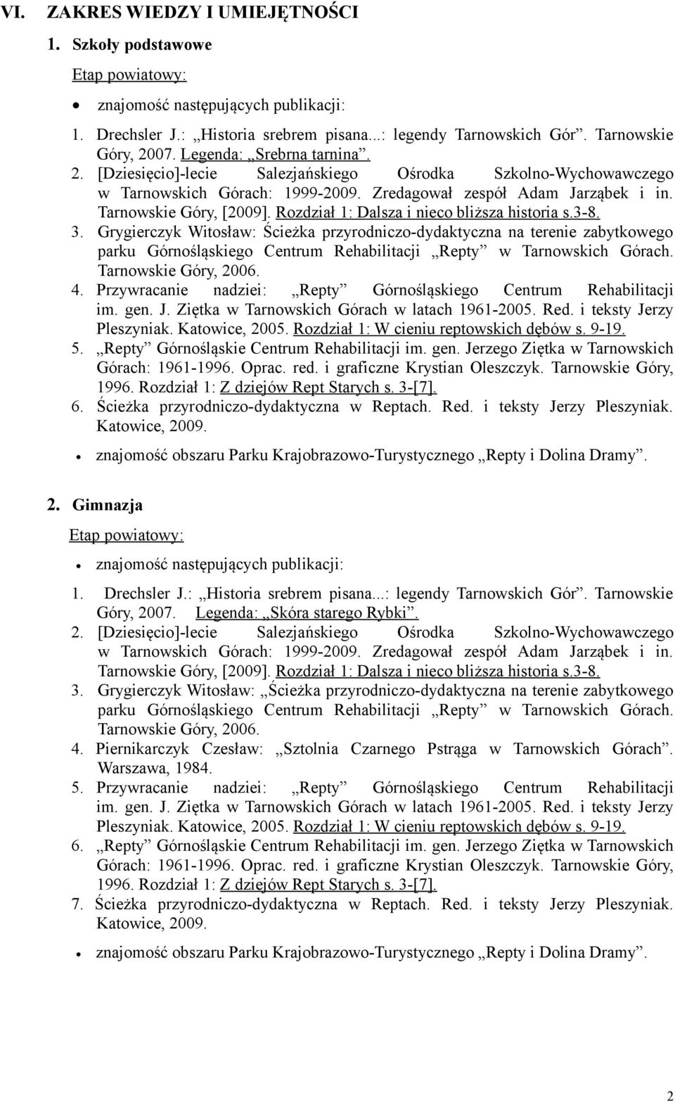 Rozdział 1: Dalsza i nieco bliższa historia s.3-8. Grygierczyk Witosław: Ścieżka przyrodniczo-dydaktyczna na terenie zabytkowego parku Górnośląskiego Centrum Rehabilitacji Repty w Tarnowskich Górach.