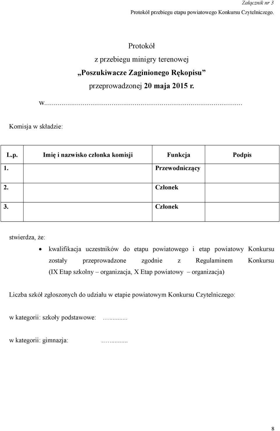 Przewodniczący Członek Członek stwierdza, że: kwalifikacja uczestników do etapu powiatowego i etap powiatowy Konkursu zostały przeprowadzone zgodnie z