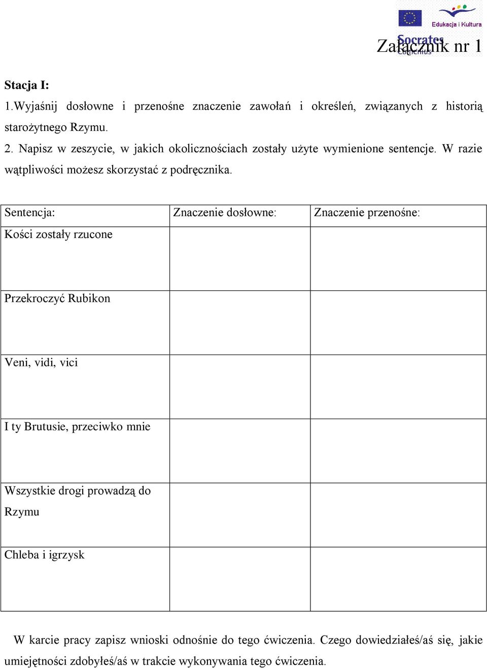 Sentencja: Znaczenie dosłowne: Znaczenie przenośne: Kości zostały rzucone Przekroczyć Rubikon Veni, vidi, vici I ty Brutusie, przeciwko mnie Wszystkie