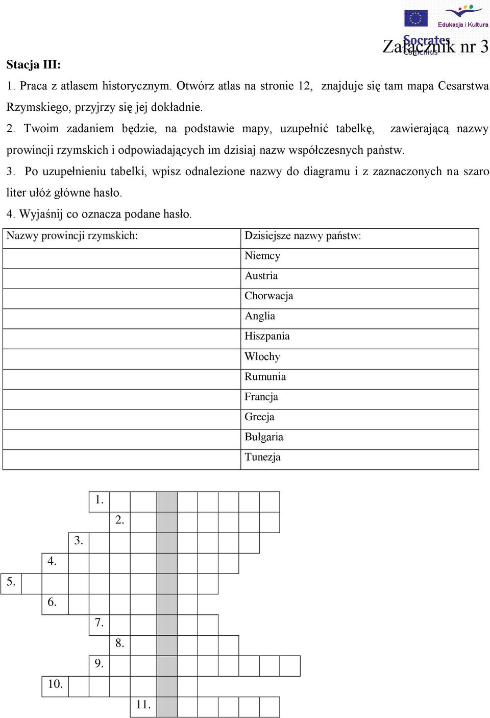 Po uzupełnieniu tabelki, wpisz odnalezione nazwy do diagramu i z zaznaczonych na szaro liter ułóż główne hasło. 4. Wyjaśnij co oznacza podane hasło.