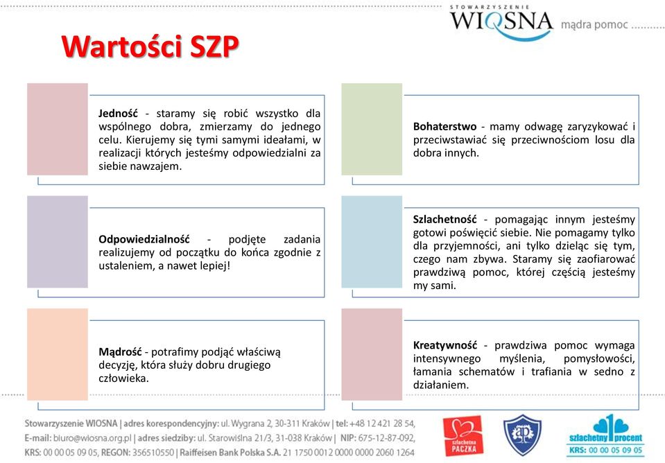 Odpowiedzialność - podjęte zadania realizujemy od początku do końca zgodnie z ustaleniem, a nawet lepiej! Szlachetność - pomagając innym jesteśmy gotowi poświęcić siebie.