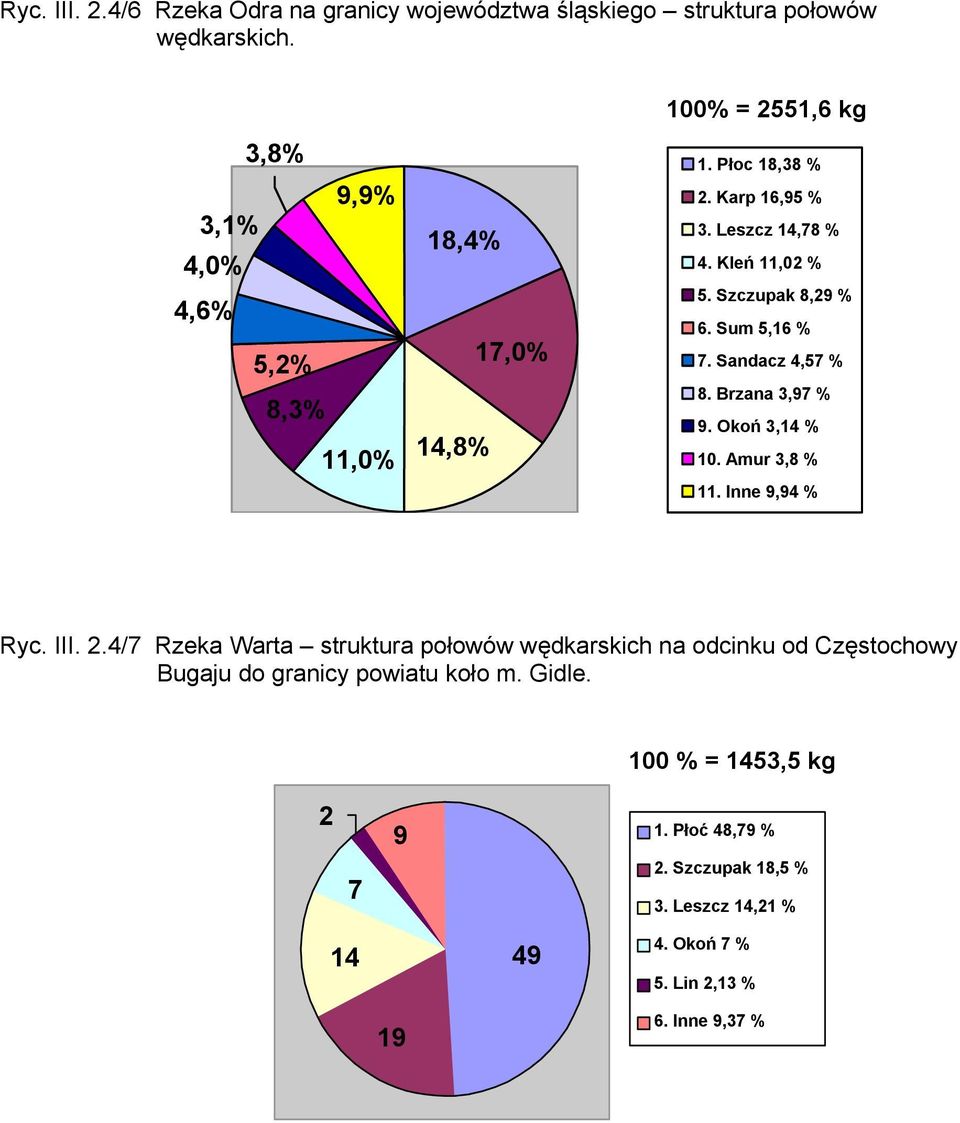 Szczupak 8,29 % 6. Sum 5,16 % 7. Sandacz 4,57 % 8. Brzana 3,97 % 9. Okoń 3,14 % 10. Amur 3,8 % 11. Inne 9,94 % Ryc. III. 2.