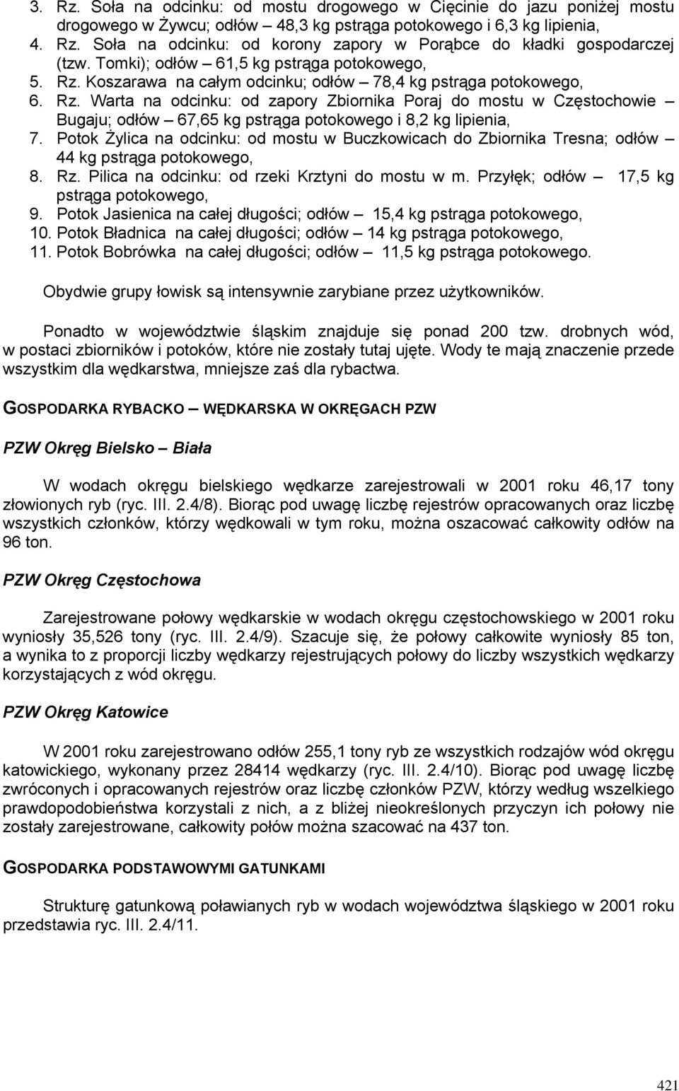 Potok Żylica na odcinku: od mostu w Buczkowicach do Zbiornika Tresna; odłów 44 kg pstrąga potokowego, 8. Rz. Pilica na odcinku: od rzeki Krztyni do mostu w m.