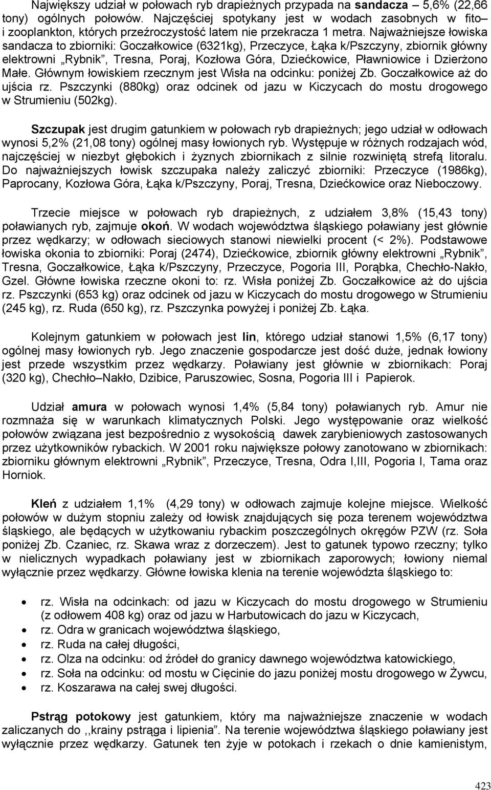 Najważniejsze łowiska sandacza to zbiorniki: Goczałkowice (6321kg), Przeczyce, Łąka k/pszczyny, zbiornik główny elektrowni Rybnik, Tresna, Poraj, Kozłowa Góra, Dziećkowice, Pławniowice i Dzierżono