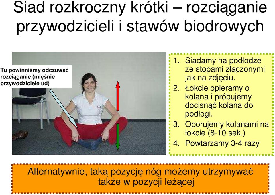 Łokcie opieramy o kolana i próbujemy docisnąć kolana do podłogi. 3.