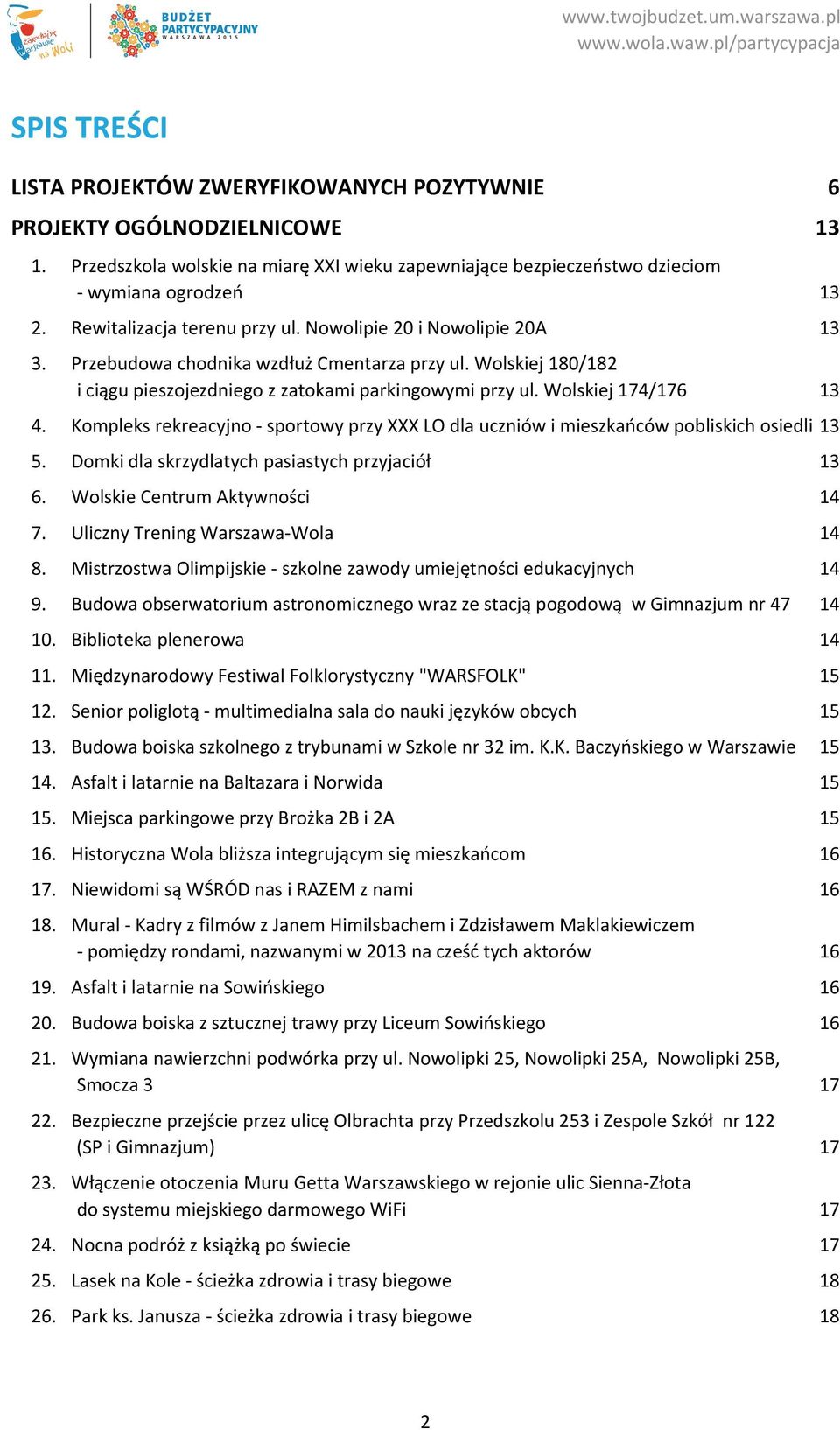 Wolskiej 174/176 13 4. Kompleks rekreacyjno sportowy przy XXX LO dla uczniów i mieszkańców pobliskich osiedli 13 5. Domki dla skrzydlatych pasiastych przyjaciół 13 6. Wolskie Centrum Aktywności 14 7.