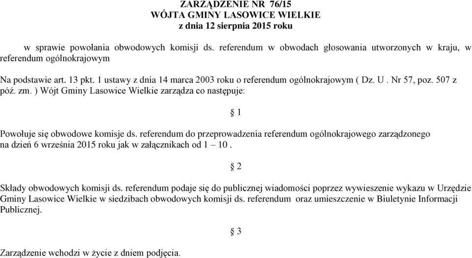 507 z póź. zm. ) Wójt Gminy Lasowice Wielkie zarządza co następuje: Powołuje się obwodowe komisje ds.