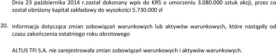 Informacja dotycząca zmian zobowiązań warunkowych lub aktywów warunkowych, które nastąpiły od