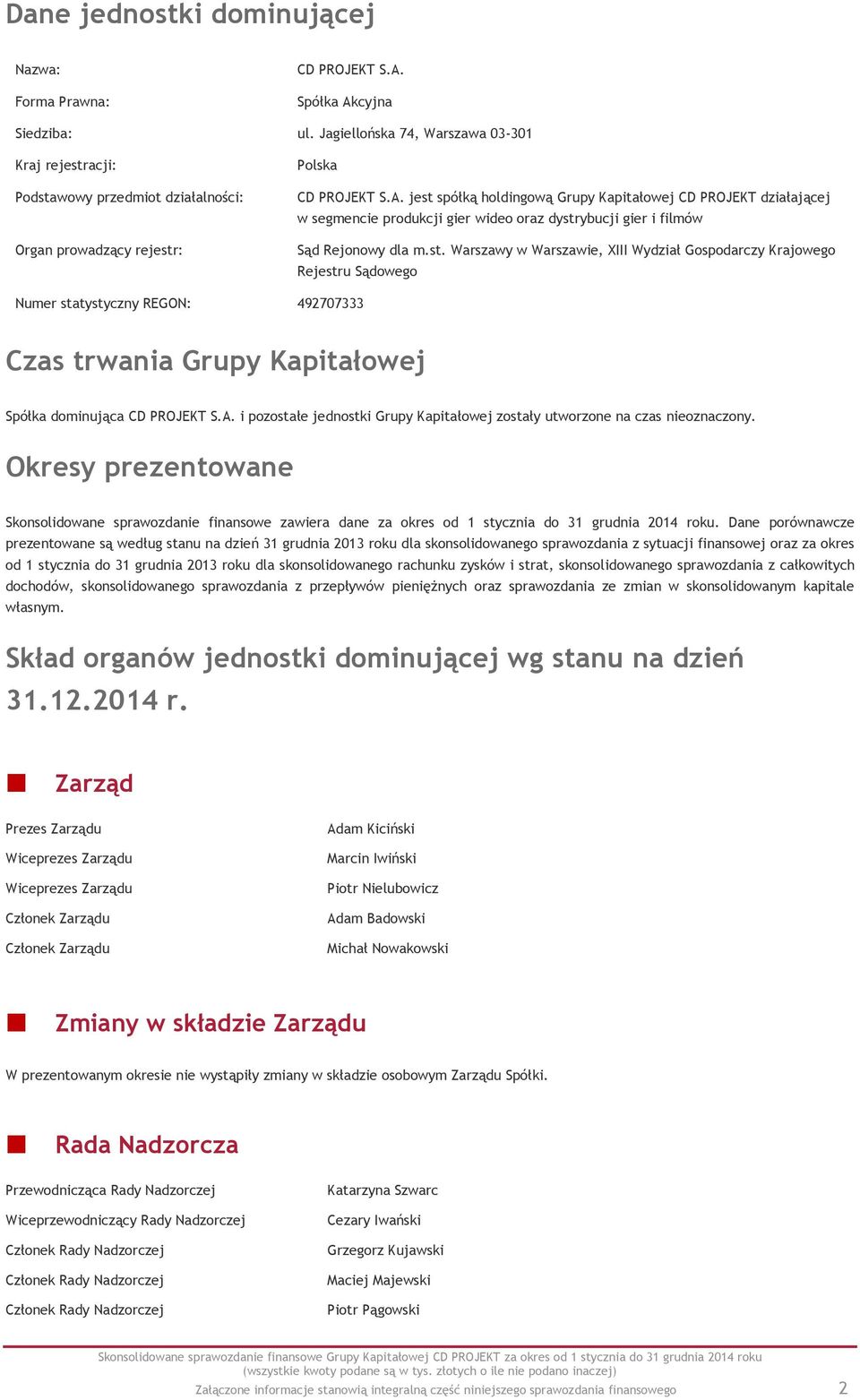jest spółką holdingową Grupy Kapitałowej CD PROJEKT działającej w segmencie produkcji gier wideo oraz dystrybucji gier i filmów Sąd Rejonowy dla m.st. Warszawy w Warszawie, XIII Wydział Gospodarczy Krajowego Rejestru Sądowego Numer statystyczny REGON: 492707333 Czas trwania Grupy Kapitałowej Spółka dominująca CD PROJEKT S.
