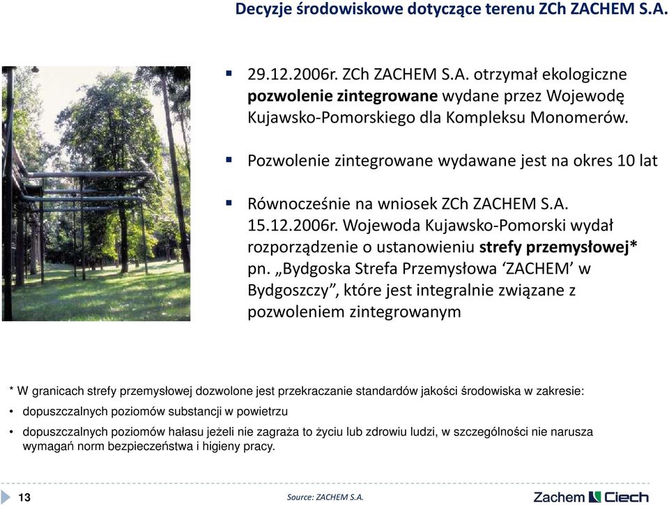 Bydgoska Strefa Przemysłowa ZACHEM w Bydgoszczy, które jest integralnie związane z pozwoleniem zintegrowanym * W granicach strefy przemysłowej dozwolone jest przekraczanie standardów jakości